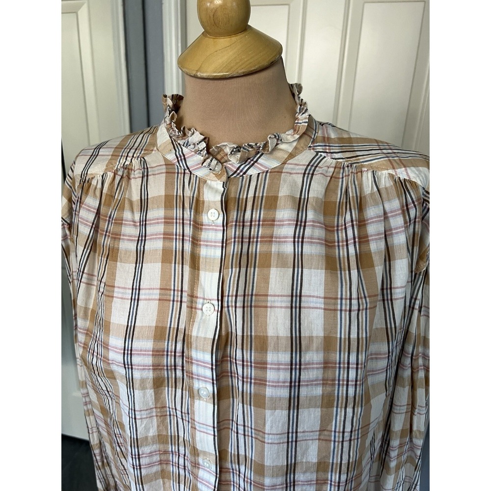 Gap Womens Plaid Button Up Shirt Size Medium Ruffle Neck Neutral Country Western - Picture 2 of 8